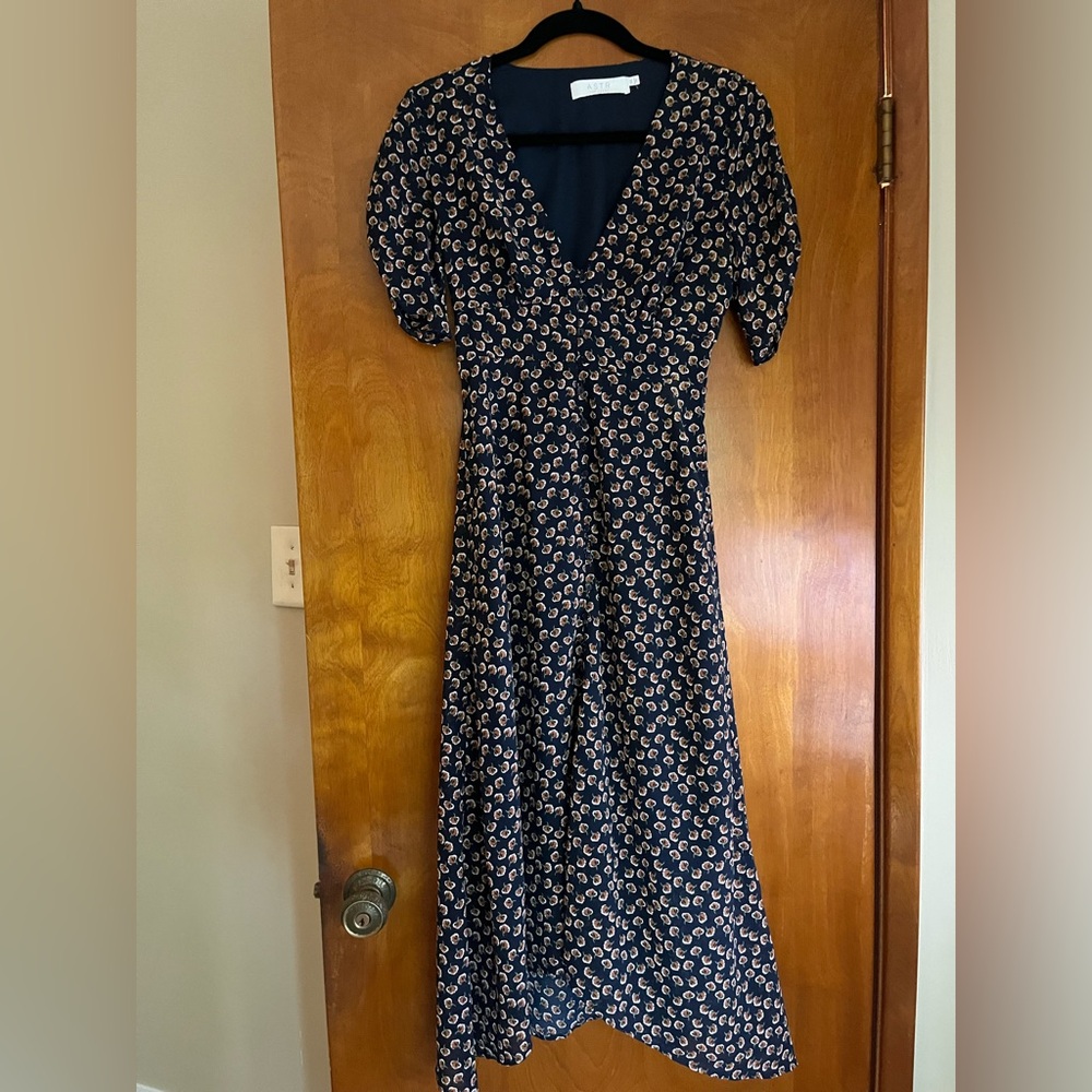 Astr Navy and Cream Long Sleeve Dress